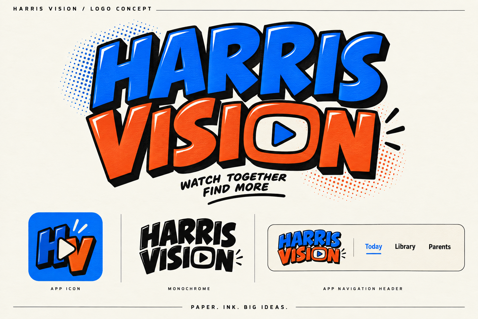 Harris Vision comic logo concept in blue and orange, with app icon and header examples